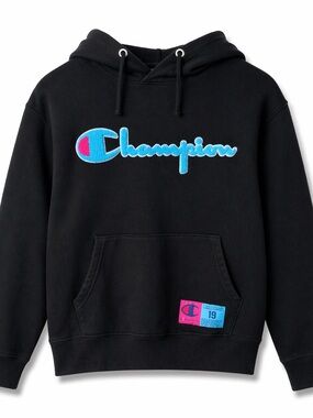 Champion Reverse Weave Black Hoodie with Blue & Pink Logo